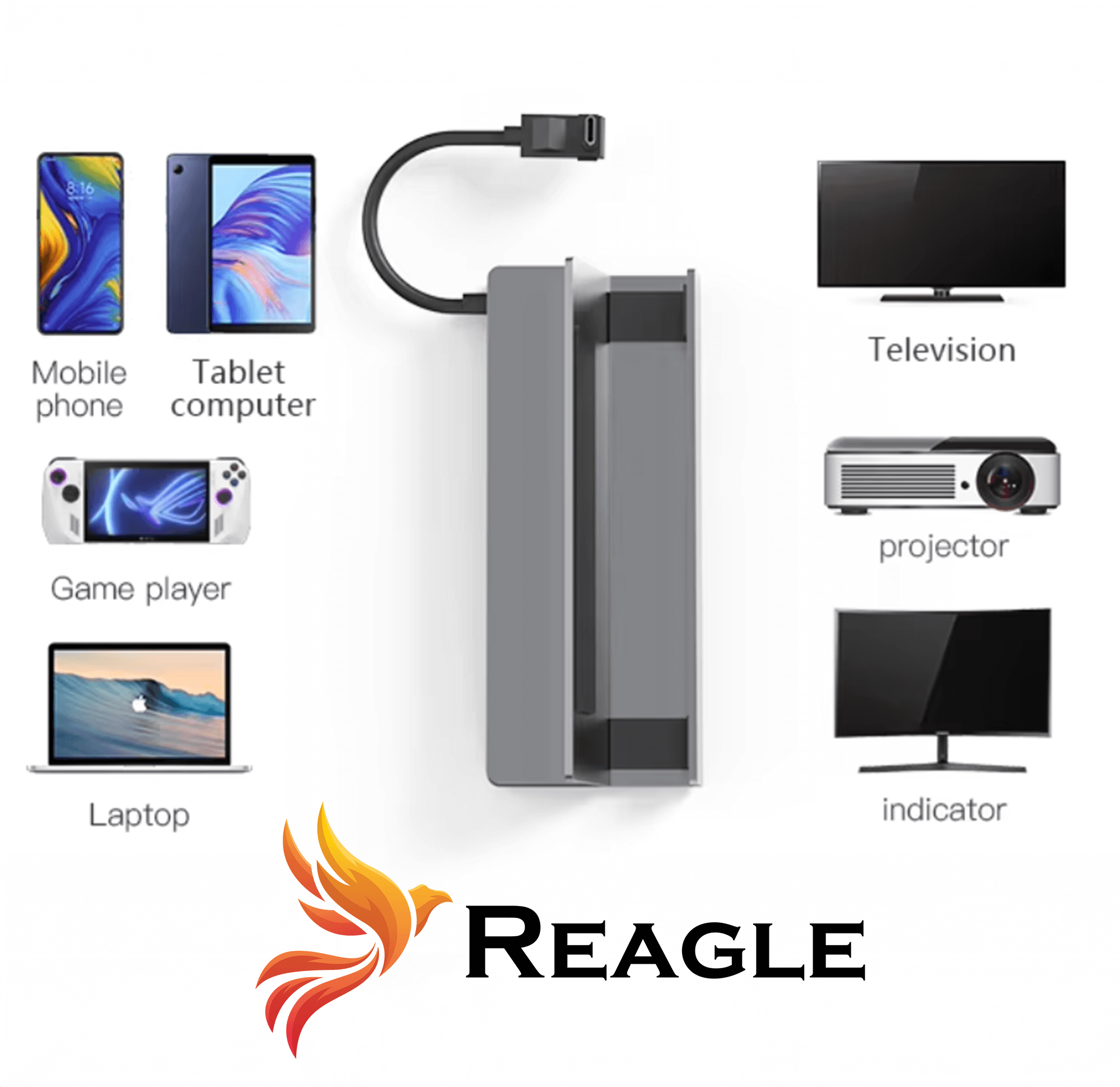 Obraz przedstawia stację dokującą z kablem USB-C oraz różne urządzenia, takie jak telefon, tablet, laptop, telewizor, projektor i wskaźnik, które mogą być z nią kompatybilne. Na dole widoczne jest logo Reagle z grafiką przypominającą płomień.