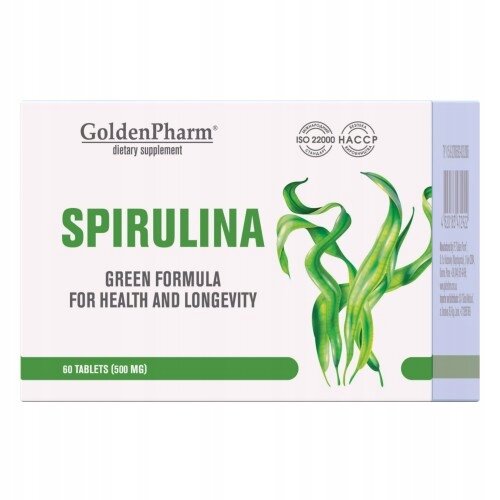 Opakowanie suplementu diety GoldenPharm Spirulina z zielonymi grafikami alg i napisami \'GREEN FORMULA FOR HEALTH AND LONGEVITY\'. Widoczne są oznaczenia \'ISO 22000\' i \'HACCP\', a także informacja o zawartości 60 tabletek (500 mg).