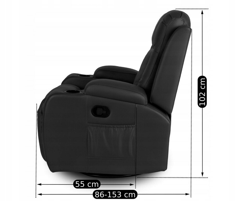 Czarny fotel masujący z funkcją rozkładania i obrotu, z widocznymi wymiarami: wysokość 102 cm, szerokość 55 cm, długość 86-153 cm. Fotel posiada uchwyt na napoje i kieszeń boczną.
