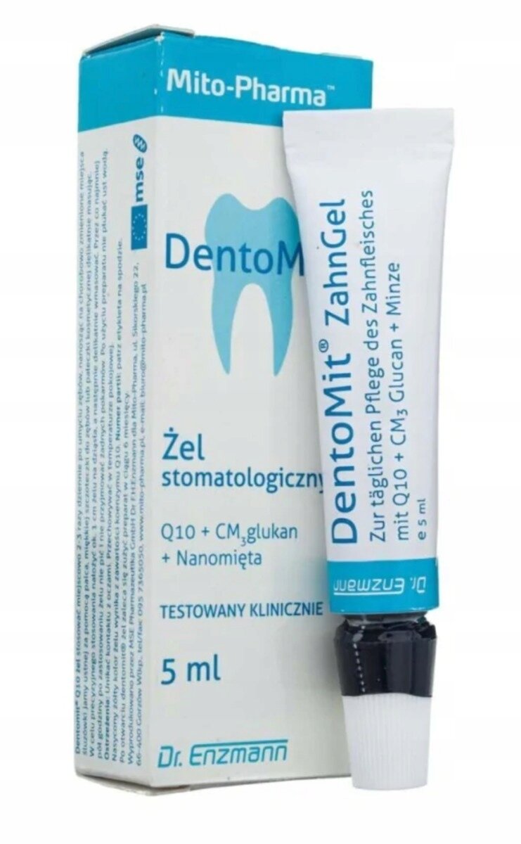 Na obrazie znajduje się opakowanie i tubka produktu DentoMit Żel stomatologiczny o pojemności 5 ml. Widoczny jest tekst: \'Mito-Pharma\', \'Q10 + CM_glukan + Nanomięta\', \'TESTOWANY KLINICZNIE\', \'Dr. Enzmann\'.