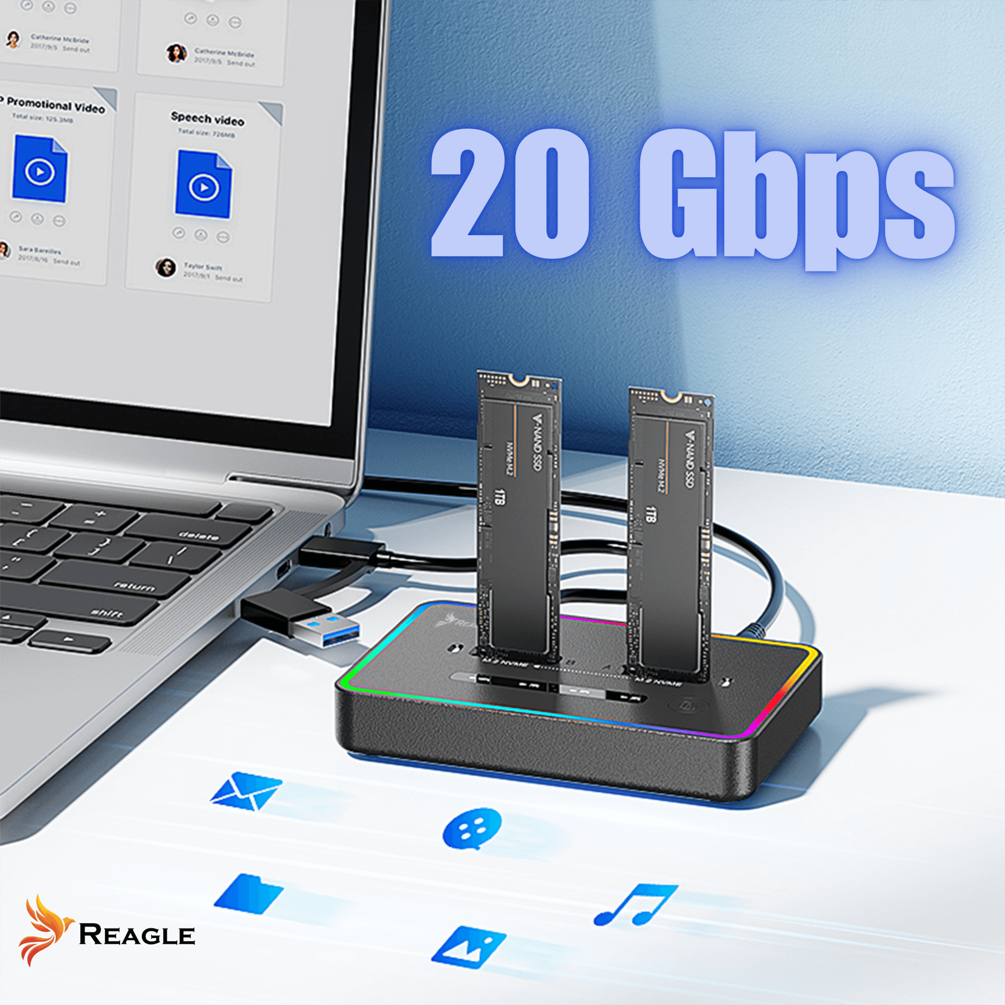 Na biurku znajduje się laptop podłączony do stacji klonującej z dwoma dyskami SSD. Na obrazie widoczny jest napis \'20 Gbps\' oraz logo \'REAGLE\'.