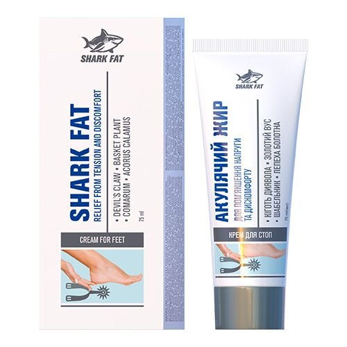Opakowanie i tubka kremu do stóp z napisem \'SHARK FAT\' oraz grafiką rekina. Na opakowaniu widoczny jest tekst \'RELIEF FROM TENSION AND DISCOMFORT\' oraz \'CREAM FOR FEET\'.