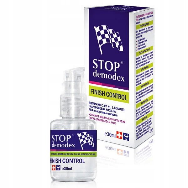 Na obrazie widoczny jest produkt w postaci żelu do twarzy w przezroczystej butelce z pompką oraz opakowanie kartonowe. Na obu elementach znajduje się napis \'STOP demodex FINISH CONTROL\' oraz symbol szachownicy.