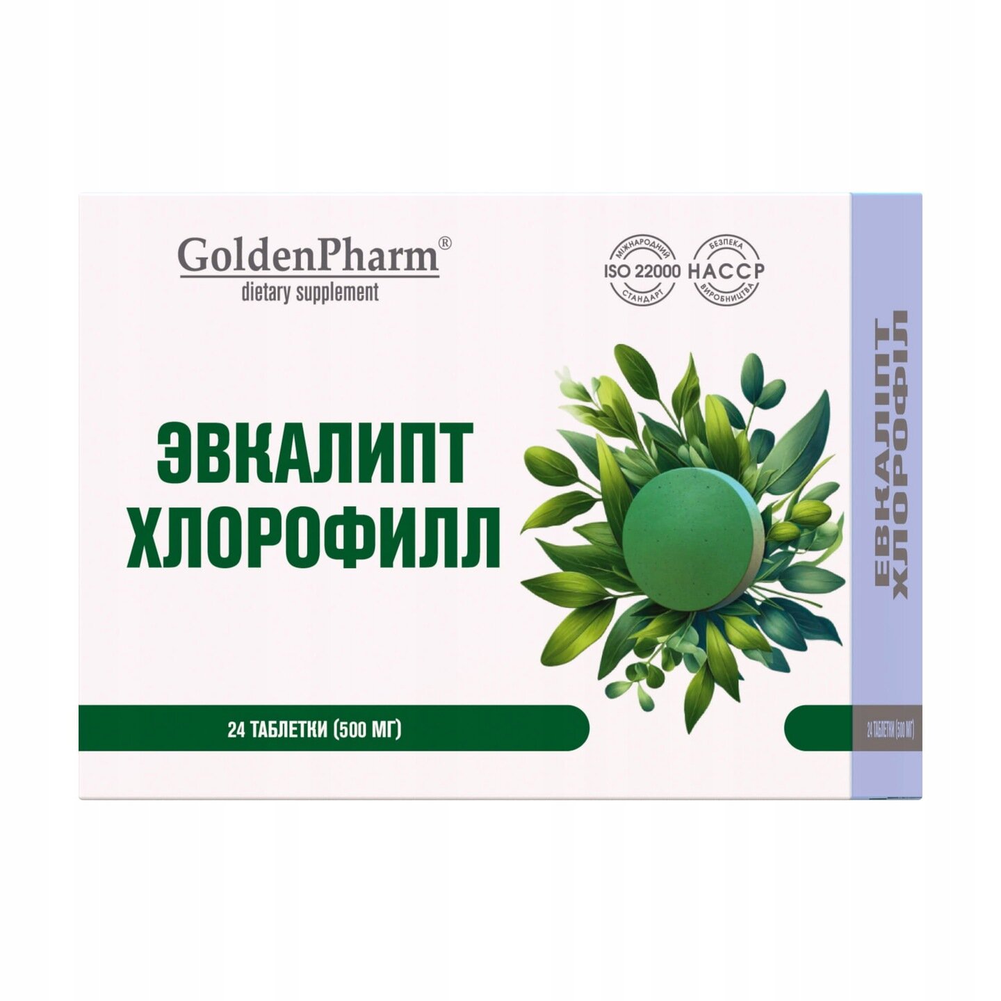 Opakowanie suplementu diety GoldenPharm z napisem \'ЭВКАЛИПТ ХЛОРОФИЛЛ\'. Widoczne są również oznaczenia ISO 22000 i HACCP oraz grafika przedstawiająca zielone liście i tabletkę.