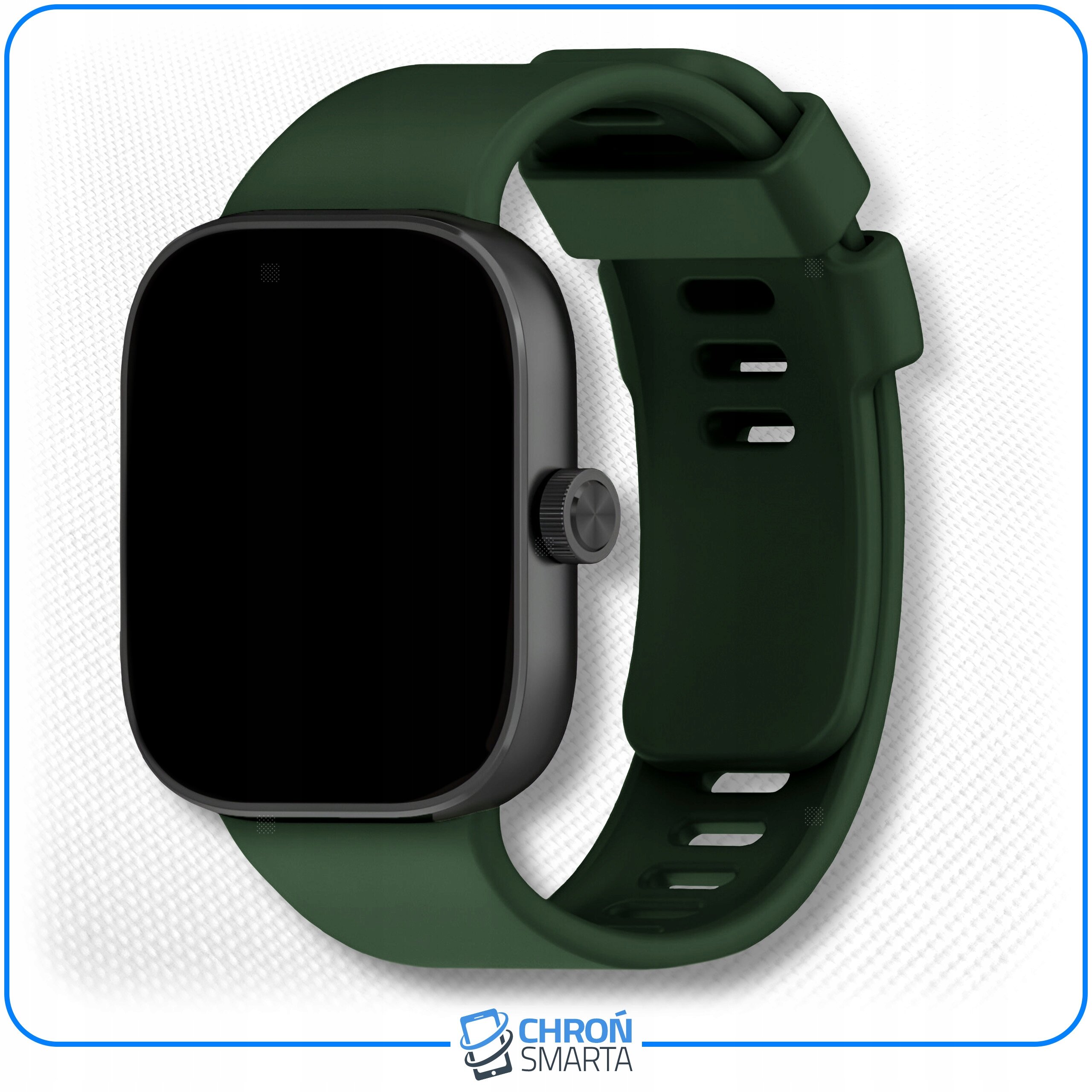 Na obrazie widoczny jest smartwatch z ciemnym ekranem i zielonym paskiem. Na dole znajduje się logo \'CHROŃ SMARTA\'.