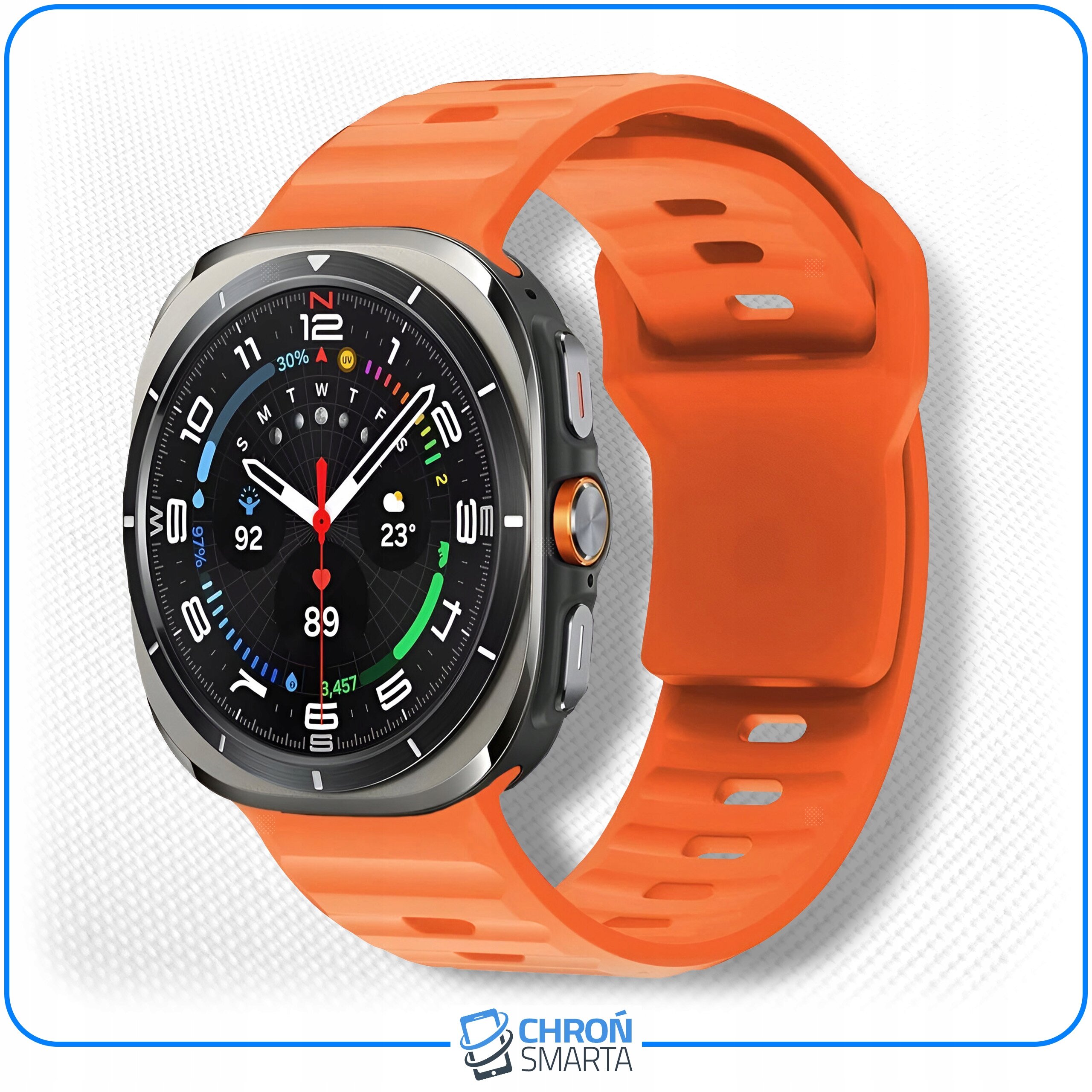 Smartwatch z pomarańczowym paskiem i okrągłą tarczą z kolorowymi wskaźnikami. Na dole widoczne jest logo \'CHROŃ SMARTA\'.