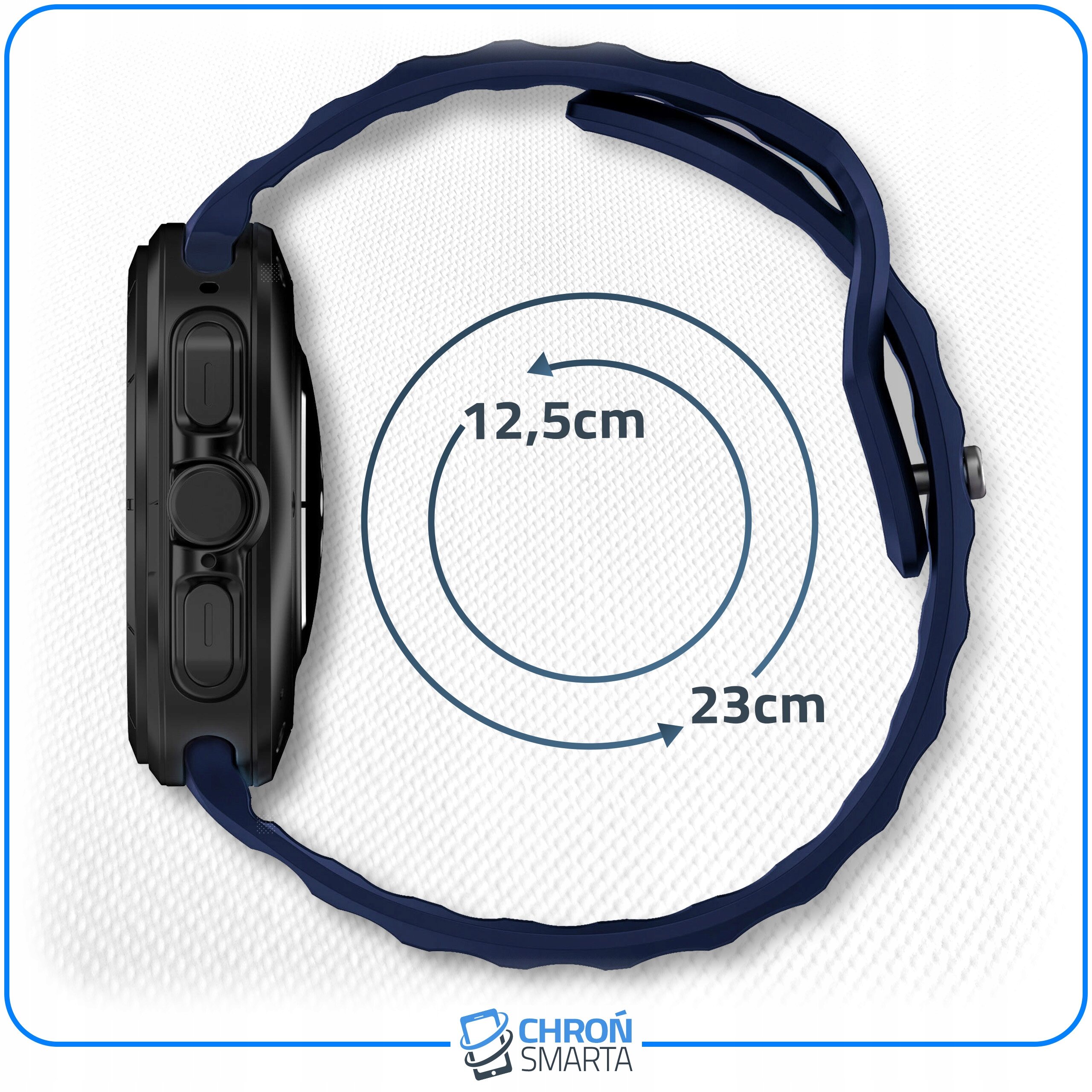 Obraz przedstawia pasek do smartwatcha w kolorze ciemnoniebieskim, ułożony w okrąg. Na środku widoczne są wymiary: 12,5 cm i 23 cm, a na dole logo \'CHROŃ SMARTA\'.