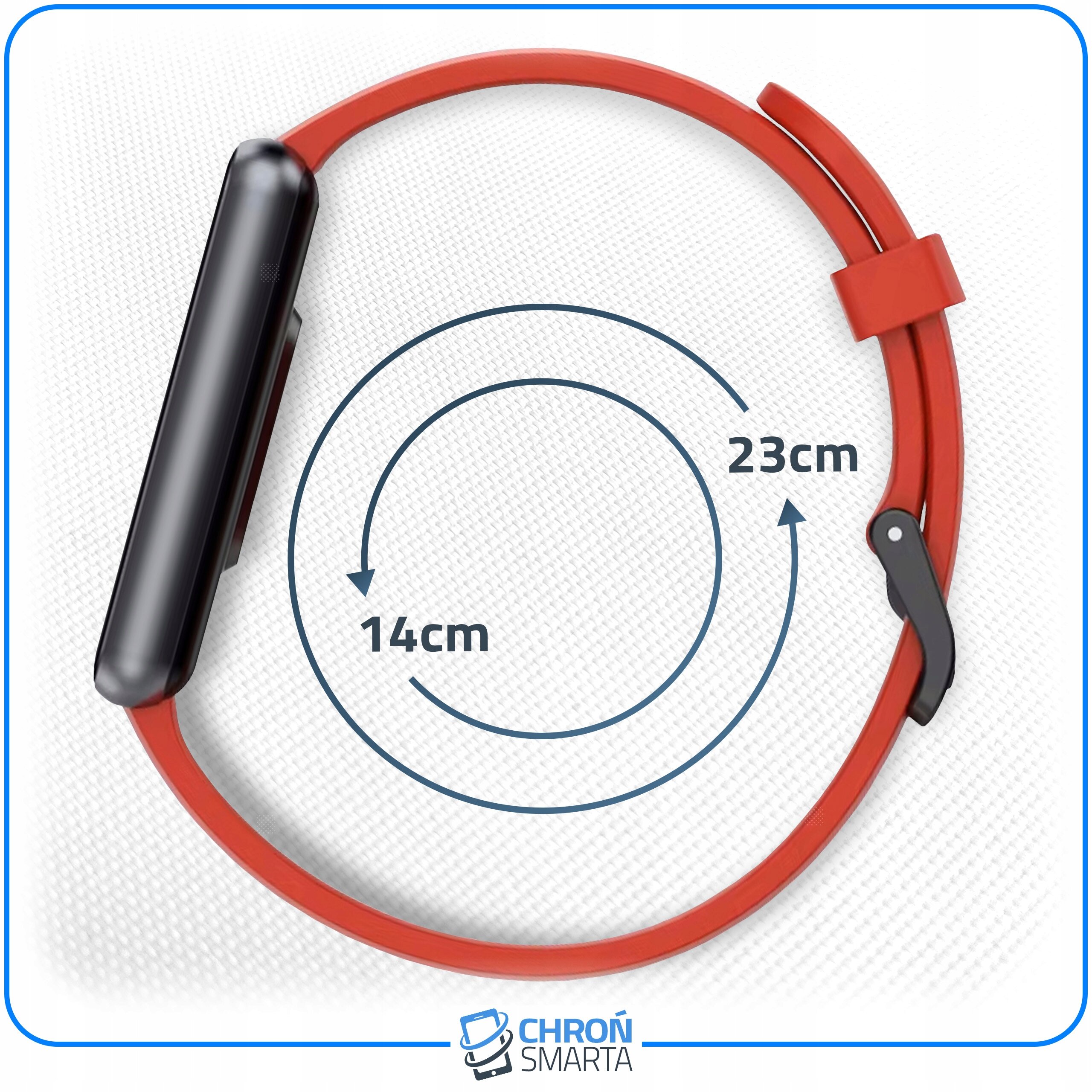 Czerwony pasek do smartband\'a z czarną klamrą i oznaczeniami długości 14 cm i 23 cm. Na dole widoczne jest logo \'CHROŃ SMARTA\'.