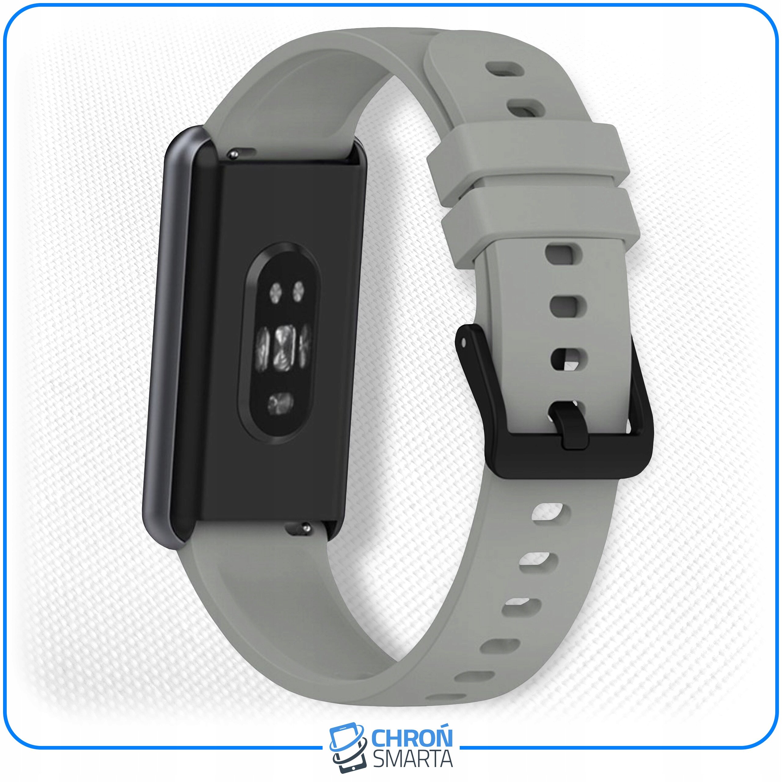 Na obrazie widoczny jest pasek do smartband\'a w kolorze czarnym z zapięciem i otworami regulacyjnymi. W prawym dolnym rogu znajduje się logo z napisem \'CHROŃ SMARTA\'.