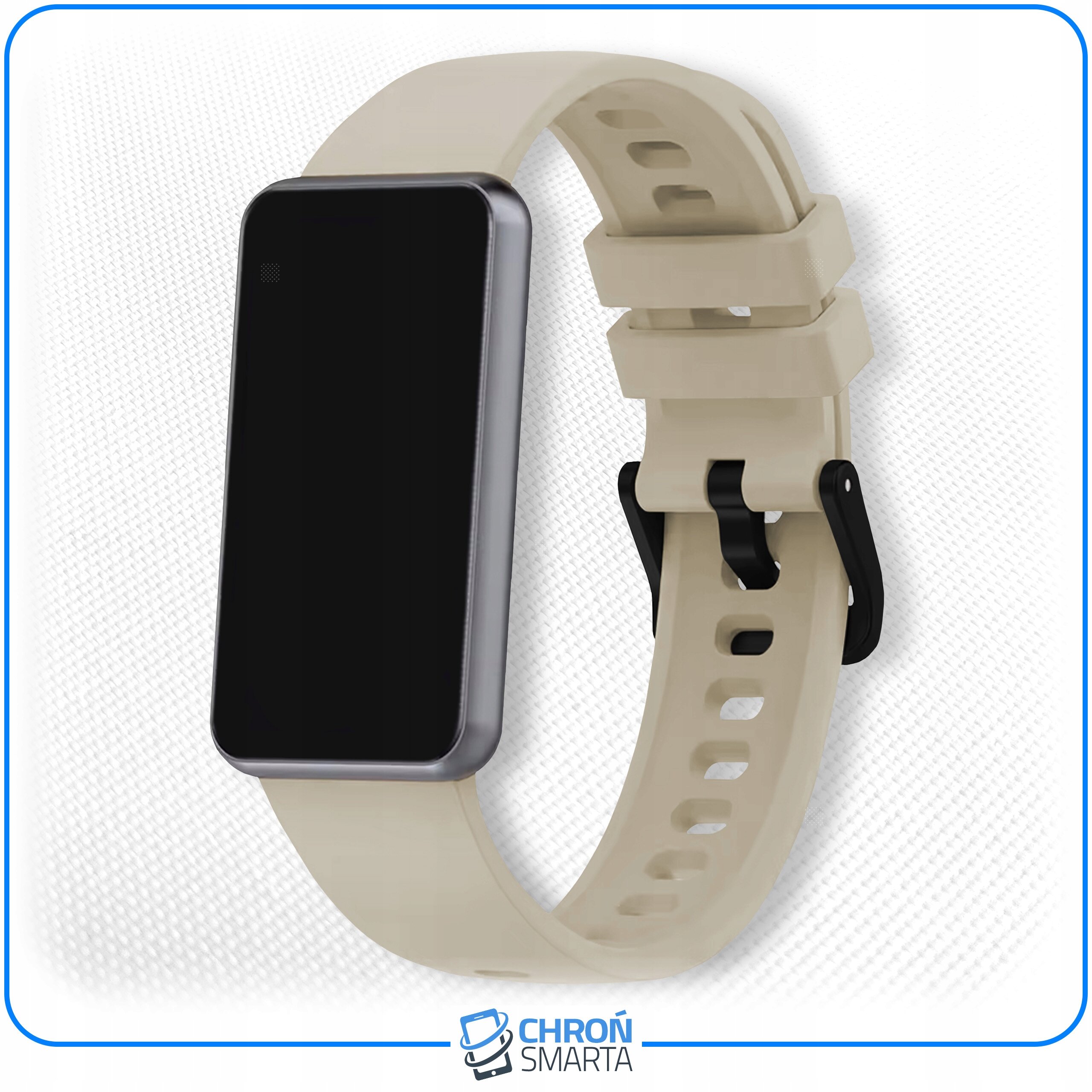 Na obrazie widoczny jest pasek do smartband\'a w kolorze beżowym z czarną klamrą. Na dole znajduje się logo \'CHROŃ SMARTA\'.