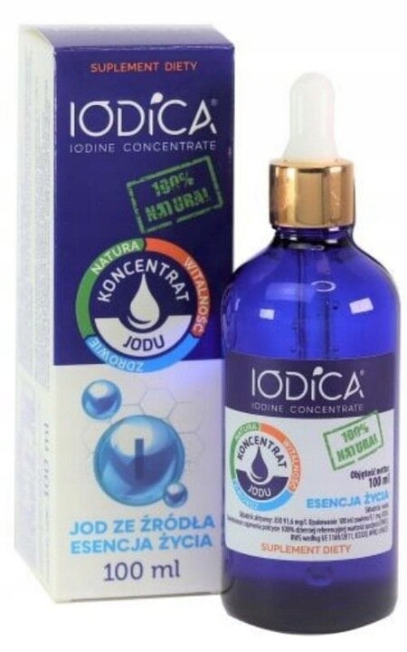 Na obrazie znajduje się niebieska butelka z pipetą oraz pudełko produktu \'Iodica Iodine Concentrate\'. Na opakowaniu widnieje napis \'Jod ze źródła esencja życia 100 ml\' oraz \'Suplement diety\'.