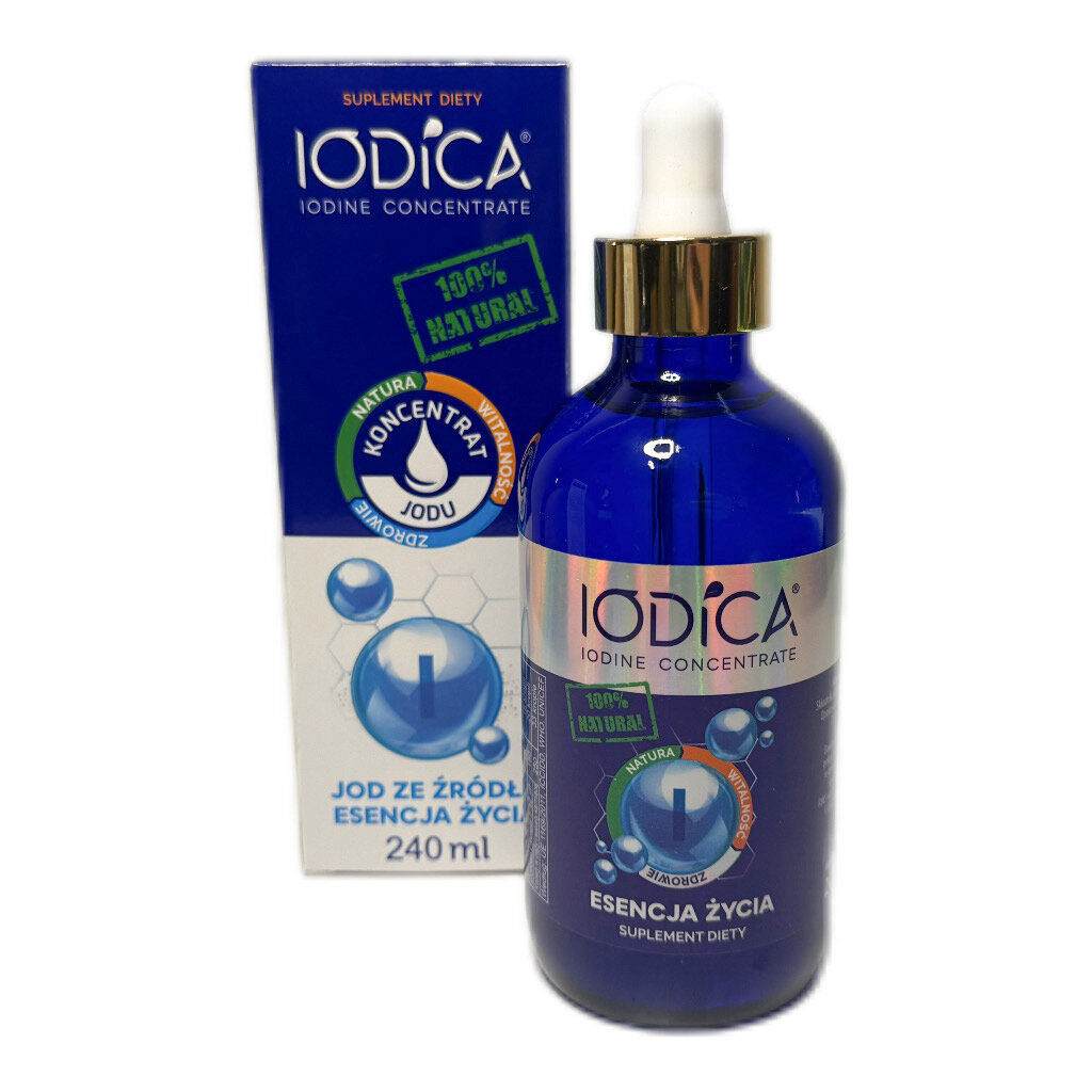Na obrazie widoczna jest niebieska butelka z pipetą oraz pudełko produktu Iodica Iodine Concentrate. Na opakowaniu znajduje się tekst: \'Jod ze źródła esencja życia 240 ml\'.