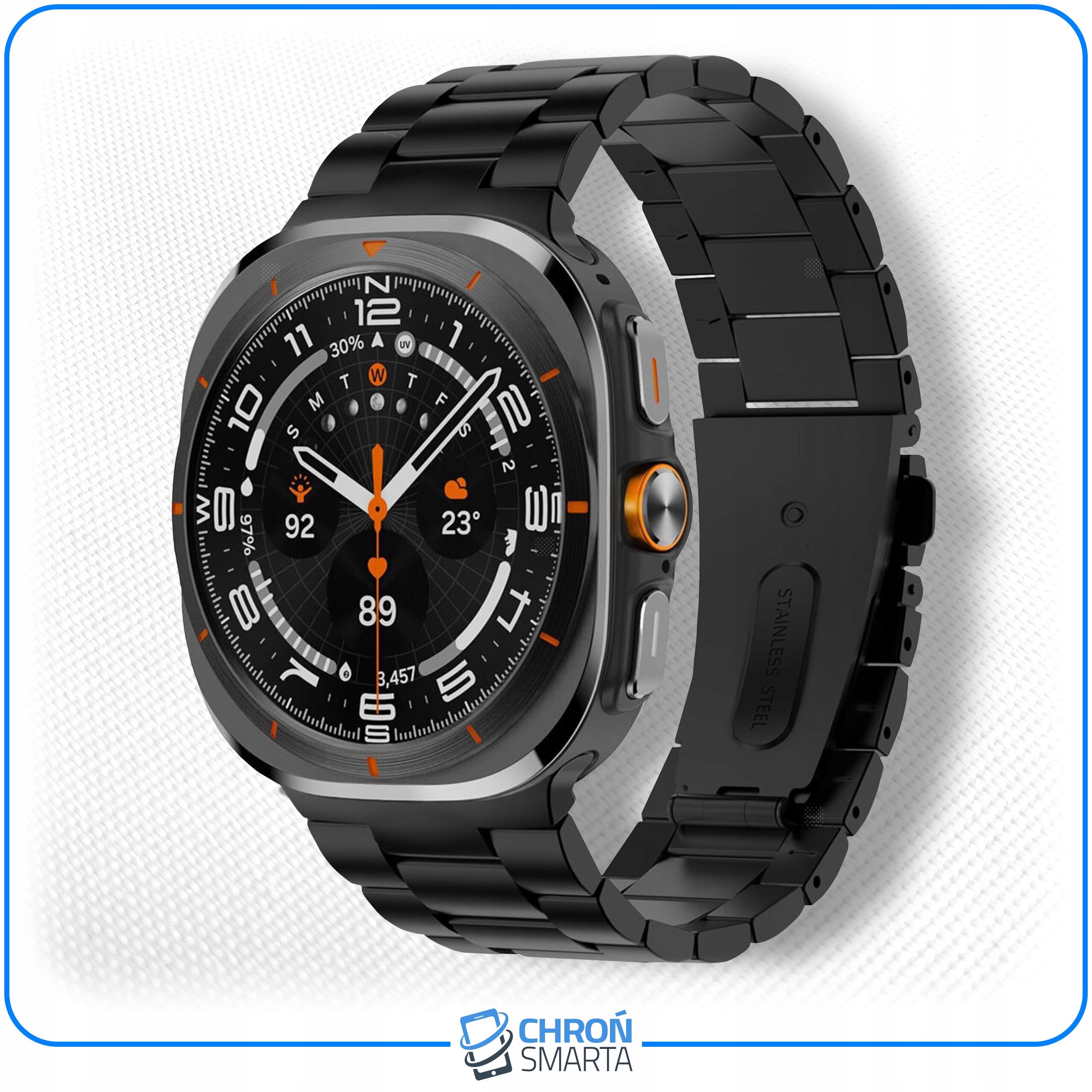 Czarny pasek do smartwatcha Samsung Galaxy Watch Ultra 47mm z metalowymi ogniwami. Na dole widoczne jest logo \'CHROŃ SMARTA\'.