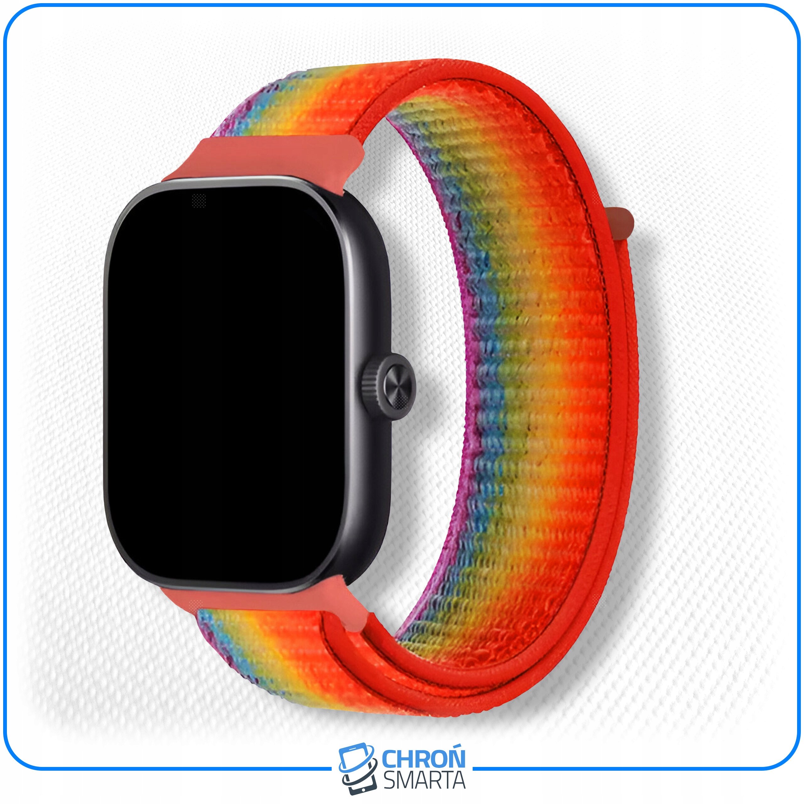 Na obrazie widoczny jest pasek do smartband\'a w kolorach tęczy, przymocowany do ciemnej koperty zegarka. Na dole znajduje się logo \'CHROŃ SMARTA\'.