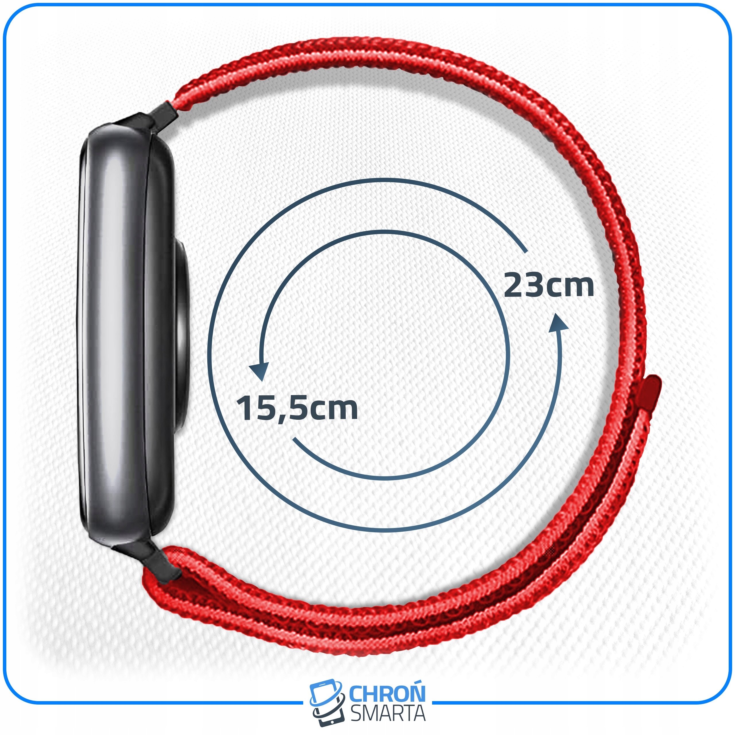 Obraz przedstawia pasek do smartband\'a w kolorze czerwonym z wymiarami 15,5 cm i 23 cm. Na dole widoczne jest logo \'CHROŃ SMARTA\'.
