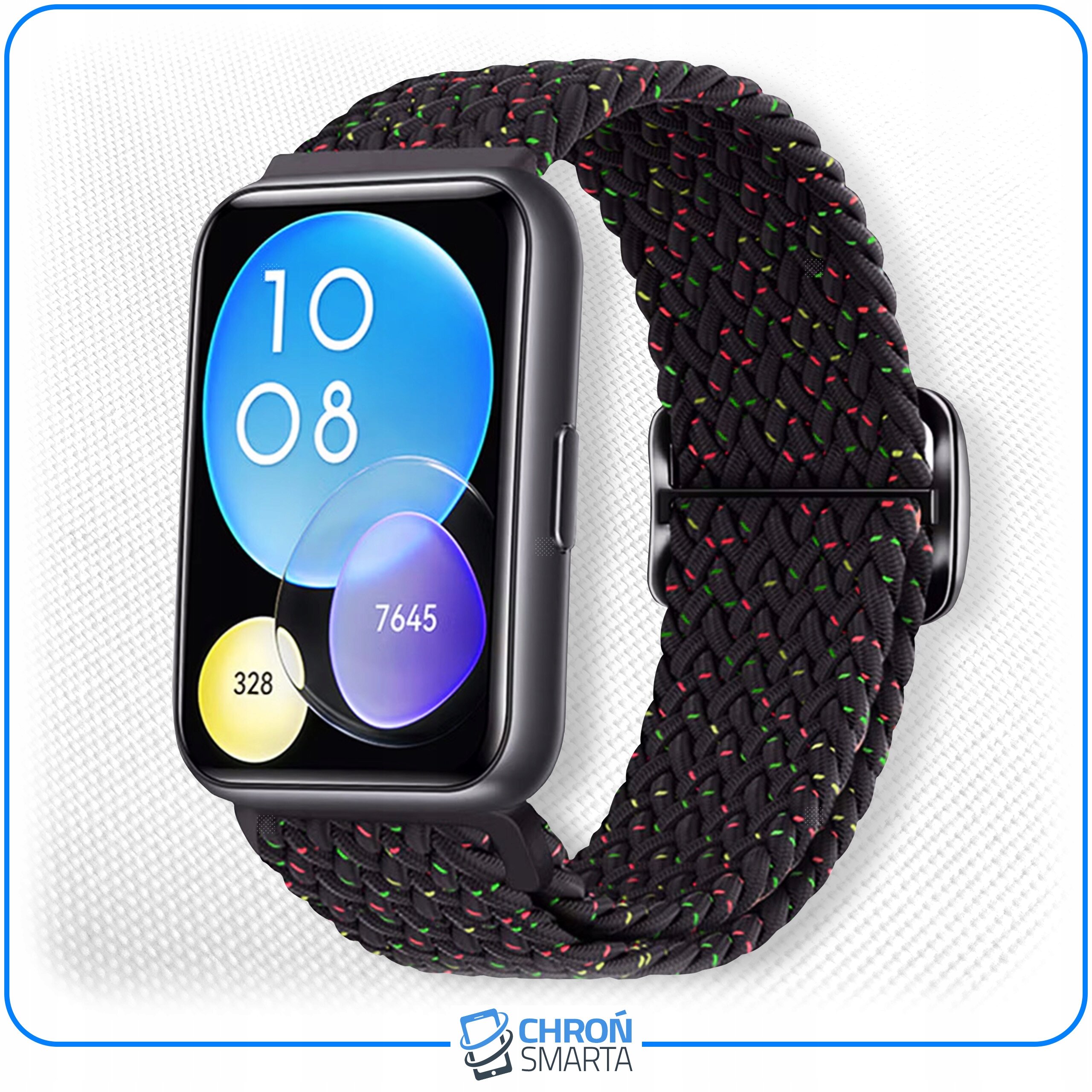 Smartwatch z kolorowym wyświetlaczem pokazującym cyfry 10, 08, 328 i 7645, z czarnym plecionym paskiem ozdobionym kolorowymi akcentami. Na dole widoczne jest logo \'CHROŃ SMARTA\'.