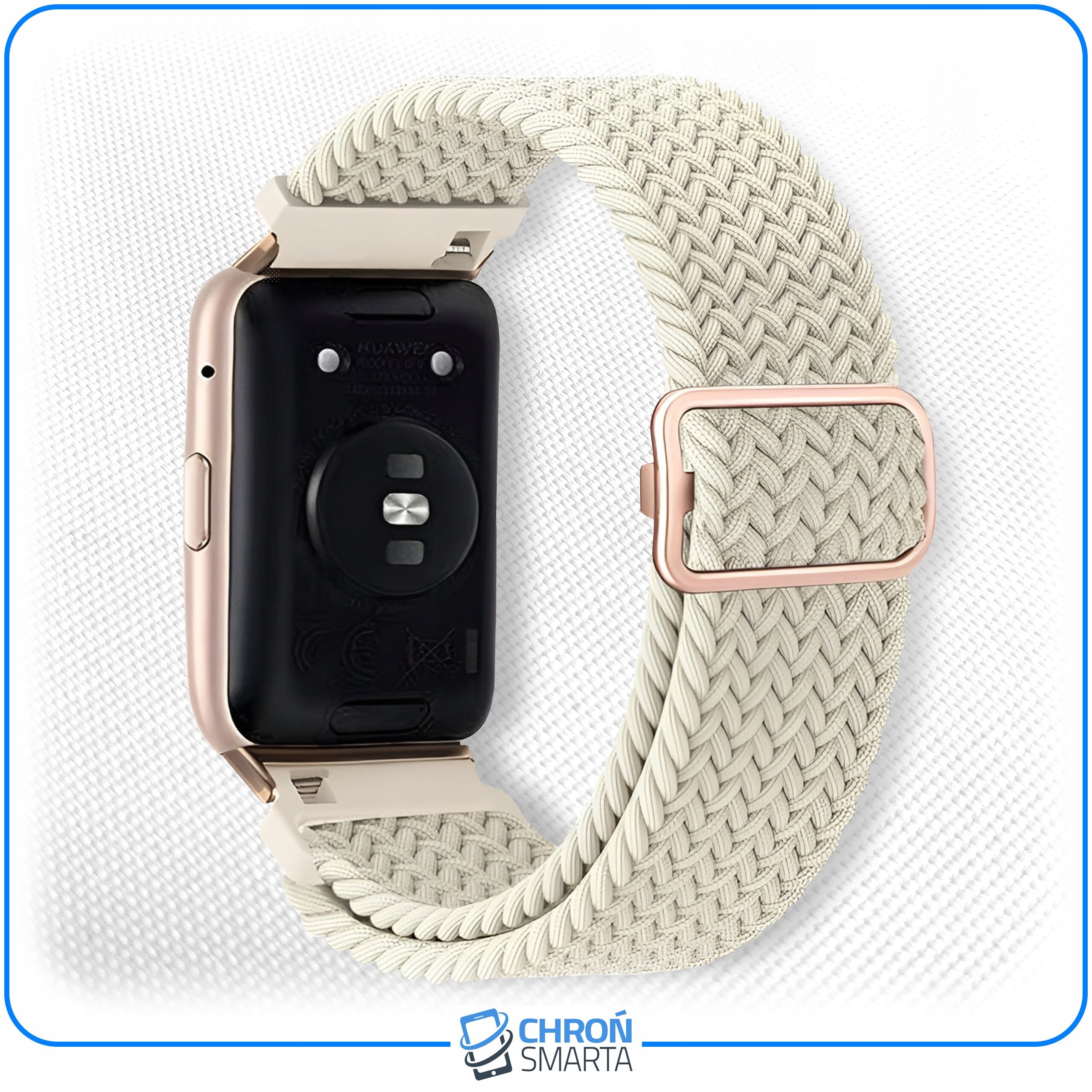 Na obrazie widoczny jest smartwatch z plecionym paskiem w jasnym kolorze, z metalową klamrą w kolorze różowego złota. W dolnej części znajduje się logo \'CHROŃ SMARTA\'.