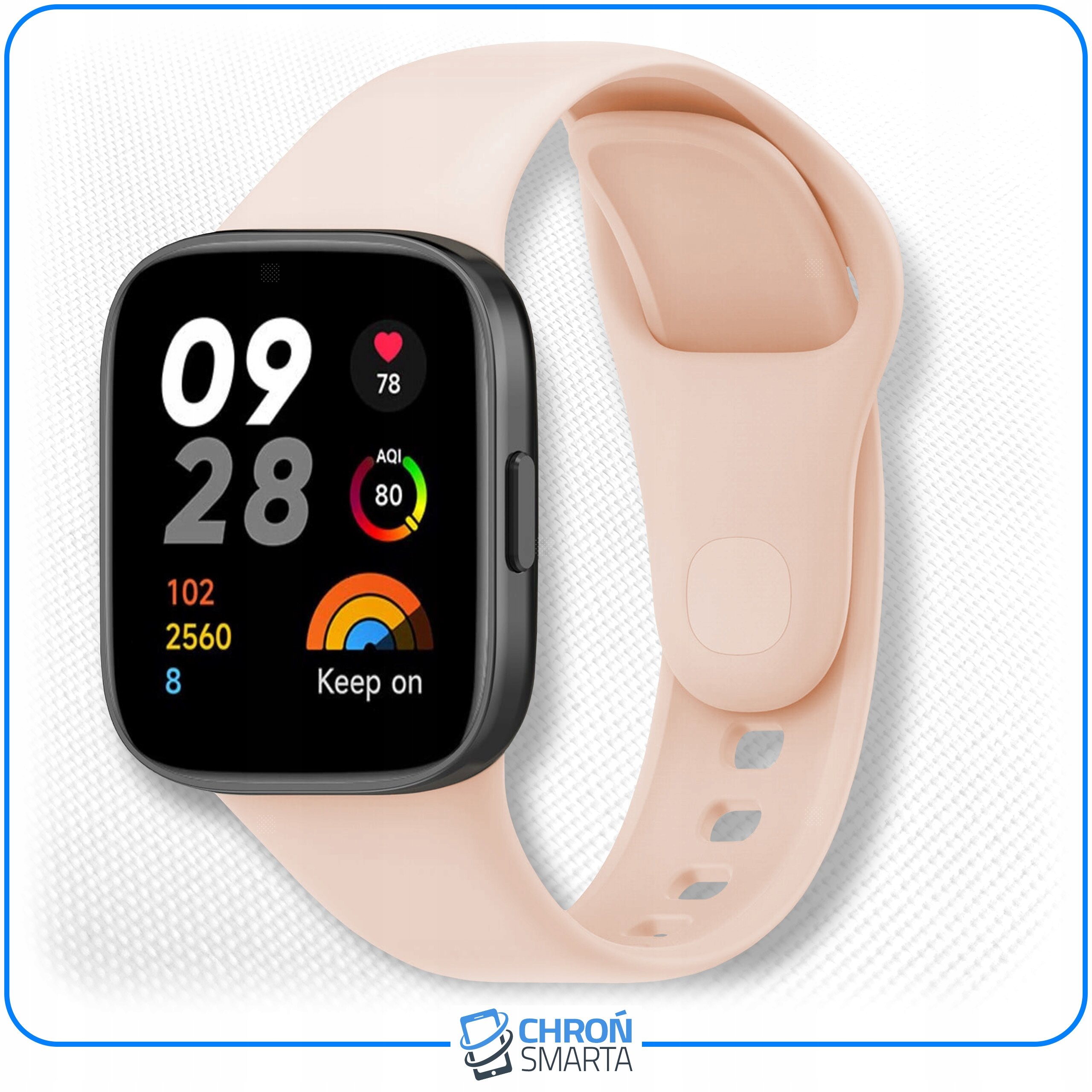 Smartwatch z kremowym paskiem, na ekranie widoczne są duże cyfry 09:28 oraz wskaźniki zdrowotne. Na dole znajduje się logo \'CHROŃ SMARTA\'.