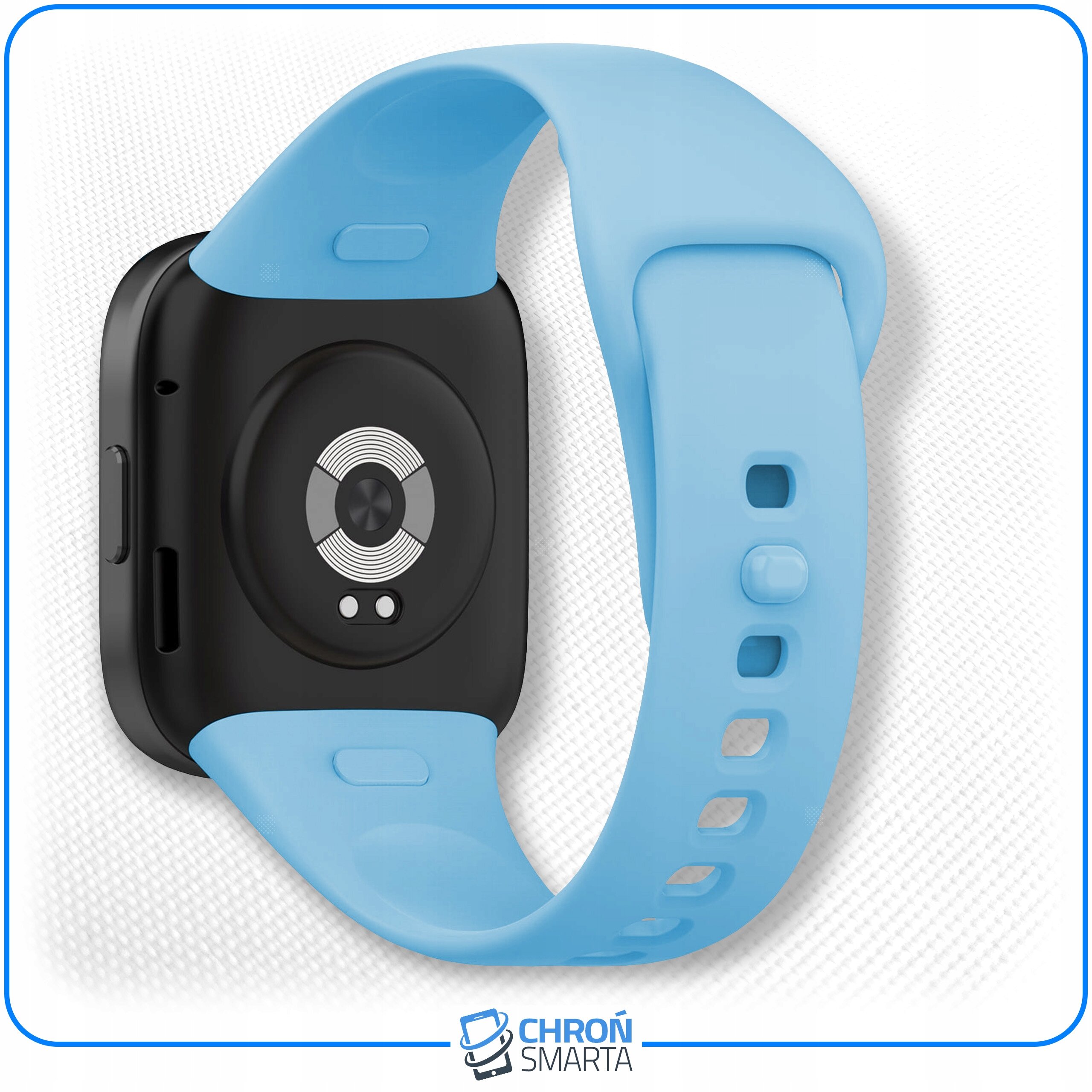 Na obrazie widoczny jest smartwatch z niebieskim paskiem, leżący na białym tle. Na dole znajduje się logo z napisem \'CHROŃ SMARTA\'.