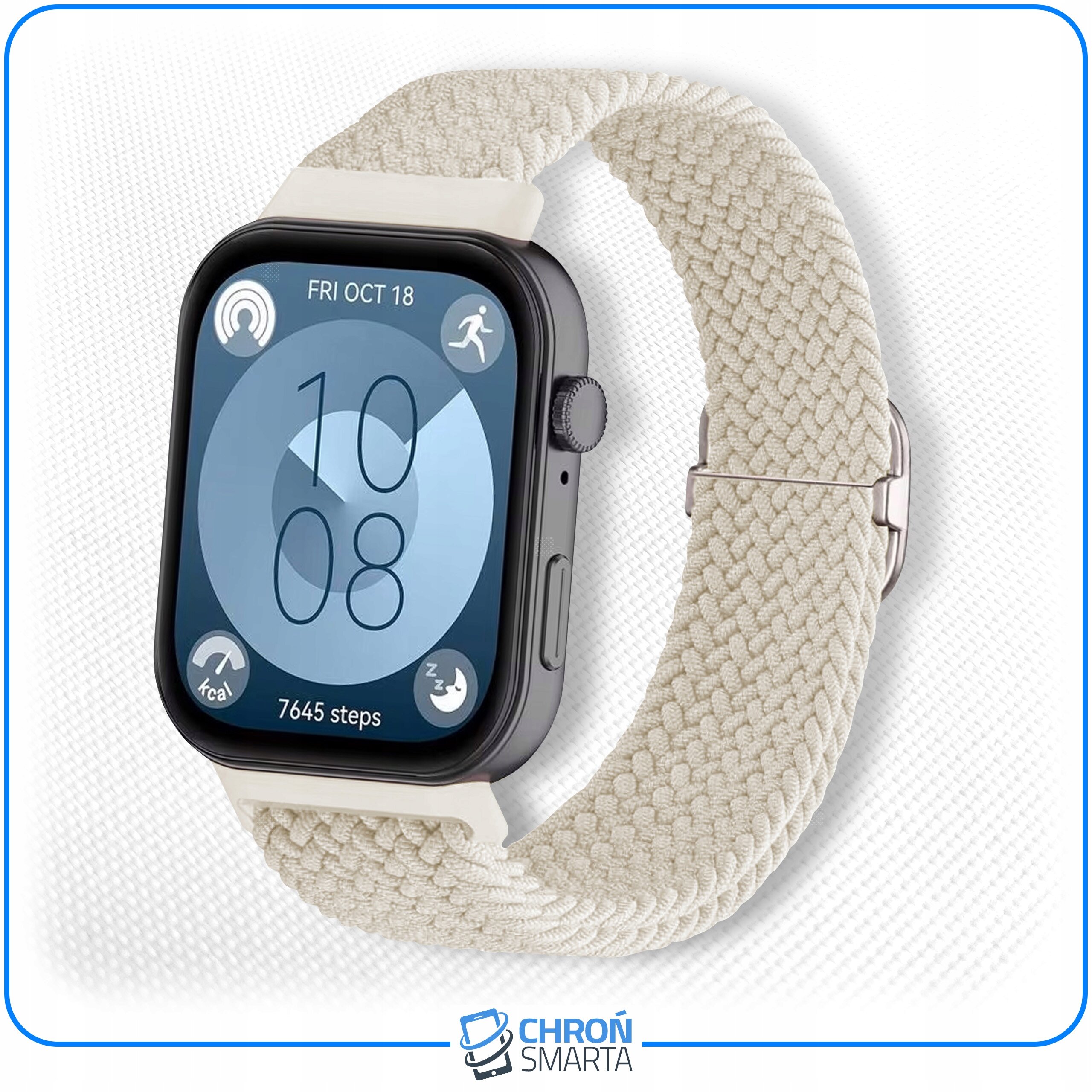 Smartwatch z jasnym, plecionym paskiem i wyświetlaczem pokazującym godzinę 10:08 oraz datę \'FRI OCT 18\'. Na dole widoczny jest napis \'7645 steps\', a w dolnej części obrazu znajduje się logo \'CHROŃ SMARTA\'.