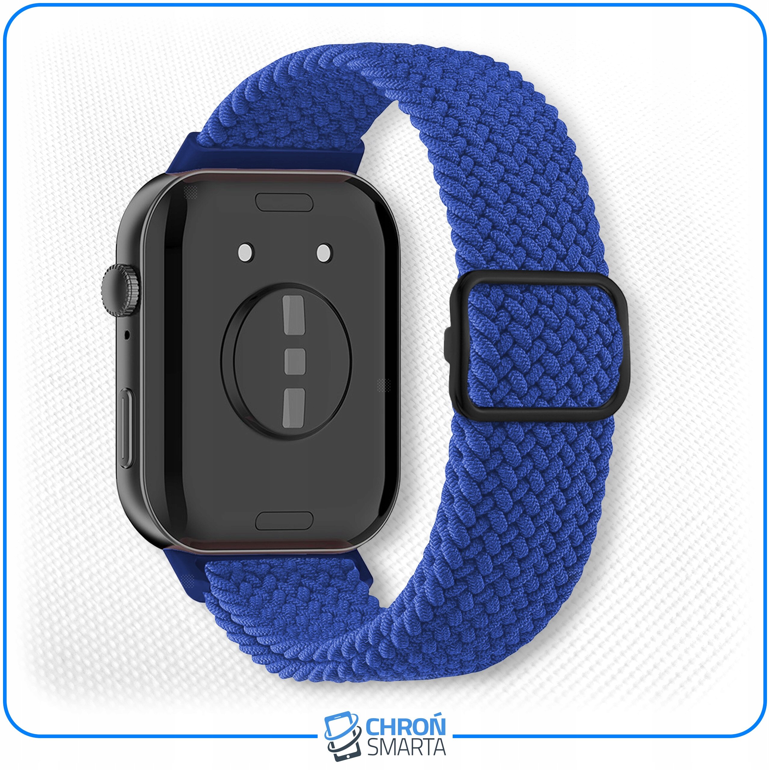 Na obrazie widoczny jest smartwatch z niebieskim, plecionym paskiem. Na dole znajduje się logo \'CHROŃ SMARTA\'.