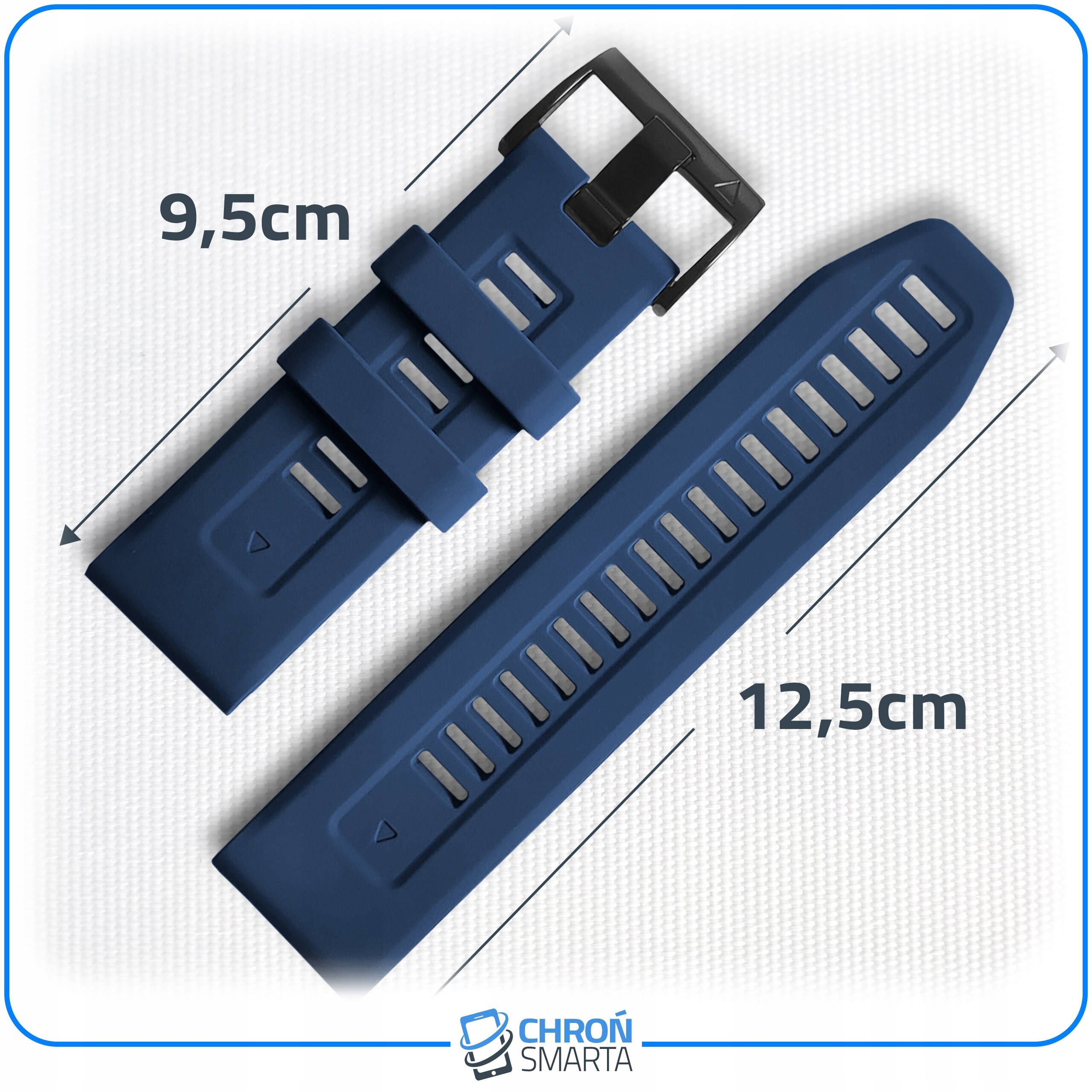 Na obrazie widoczny jest niebieski pasek do zegarka z metalową klamrą, o długości 9,5 cm i 12,5 cm. W dolnej części znajduje się logo \'CHROŃ SMARTA\'.