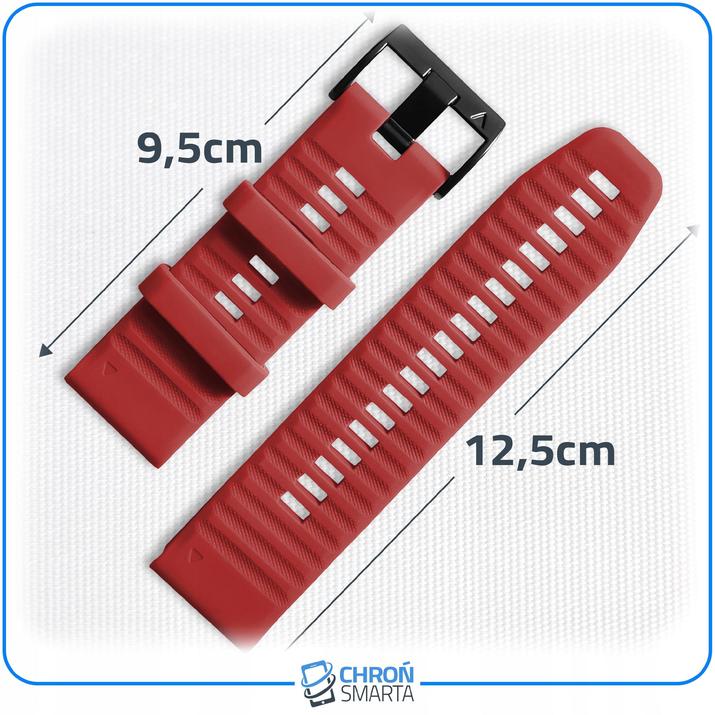 Na obrazie widoczny jest czerwony pasek do zegarka z czarną klamrą, o długościach 9,5 cm i 12,5 cm. W dolnej części znajduje się logo \'CHRON SMARTA\'.