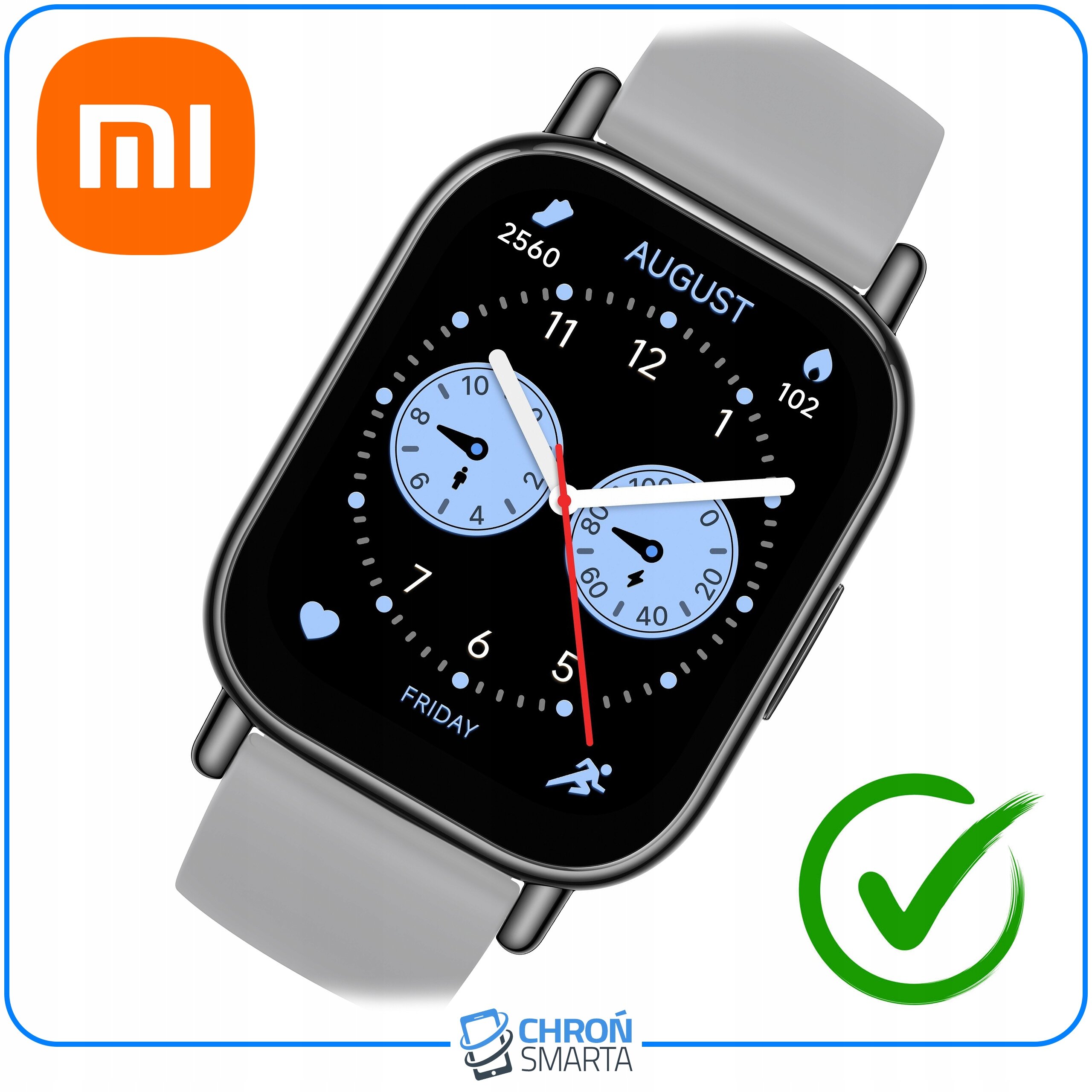 Smartwatch z czarnym paskiem i wyświetlaczem pokazującym tarczę zegara z datą \'AUGUST\' oraz dniem \'FRIDAY\'. Widoczne są także logo \'mi\' oraz \'CHROŃ SMARTA\' z zielonym znakiem wyboru.