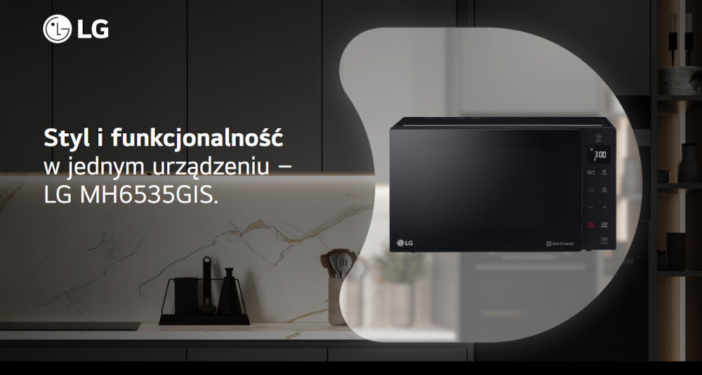 KUCHNIA MIKROFALOWA LG MH6535GIS kuchnia logo pole tekstowe nagłówek kuchenka front kolor biały panel Inteligentny inwerter Równomierne podgrzewanie rozmrażanie