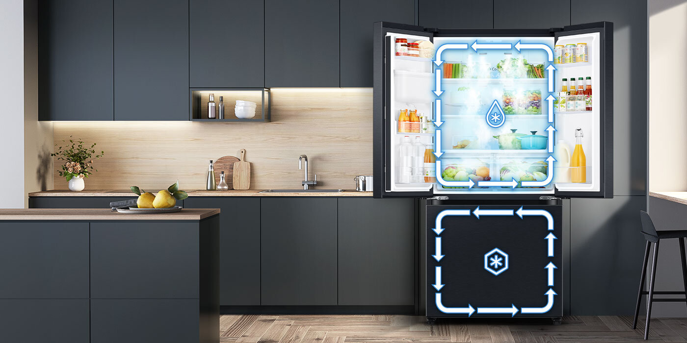 Ilustracja ukazuje zaawansowany mechanizm chłodzenia, który wykorzystuje dwa niezależne obiegi powietrza