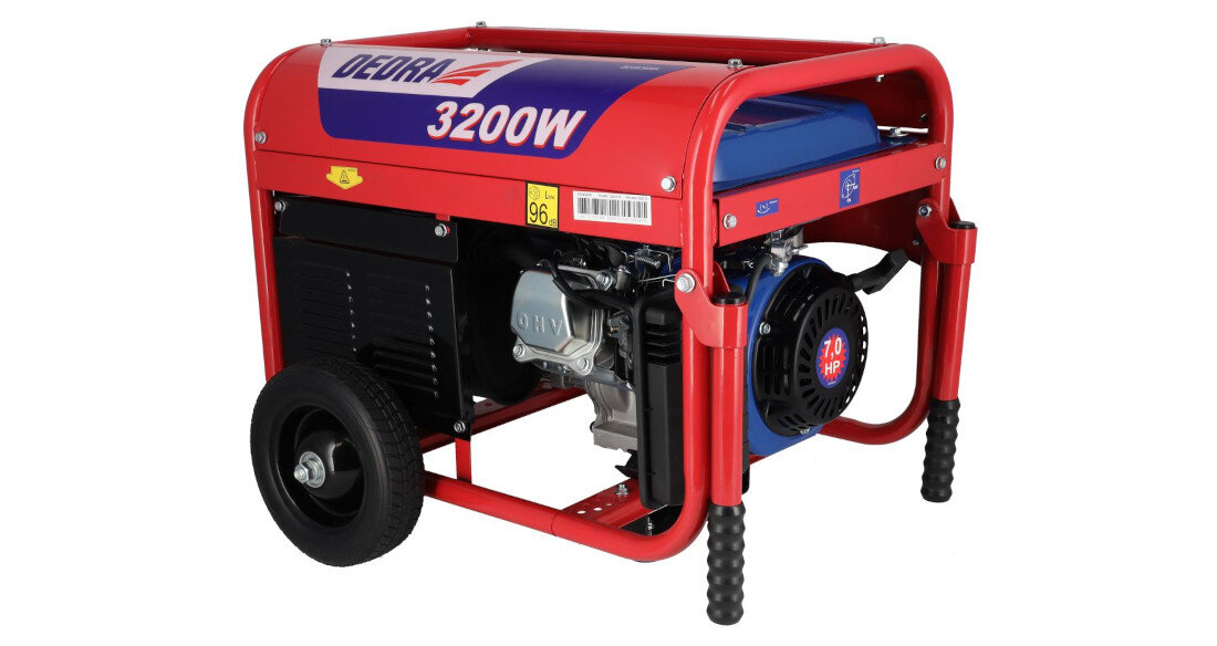 Czerwony agregat prądotwórczy z napisem \'DEDRA 3200W\' na obudowie. Posiada czarne koło i uchwyty oraz widoczny silnik z oznaczeniem \'7.0 HP\'.