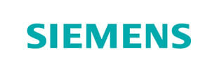 Logo z napisem \'SIEMENS\' w kolorze turkusowym na białym tle.