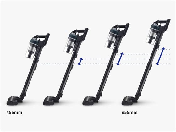 Obraz przedstawia cztery odkurzacze w różnych pozycjach, pokazujące możliwość regulacji wysokości od 455 mm do 655 mm. Widoczne są strzałki wskazujące zakres regulacji.