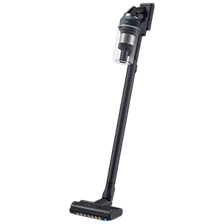 Bezprzewodowy odkurzacz pionowy w kolorze czarnym z przezroczystym pojemnikiem na kurz. Urządzenie posiada szczotkę z kilkoma małymi kółkami na spodzie.