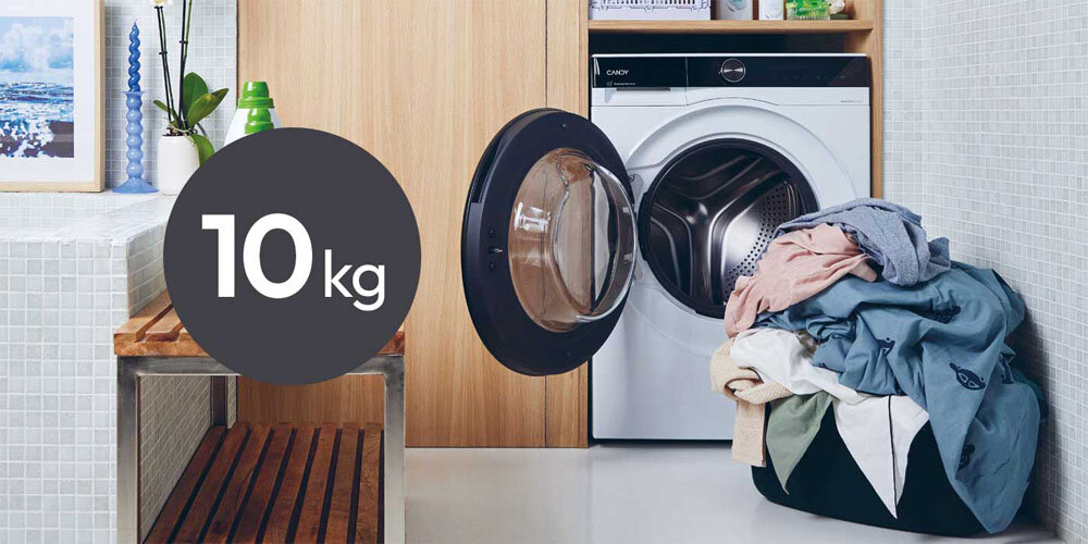 Pralka CANDY AI ProWash 700 BS 410B10-S pojemność bębna 10 kg większa ilość prania rozpoznawanie wagi dopasowanie parametrów prania