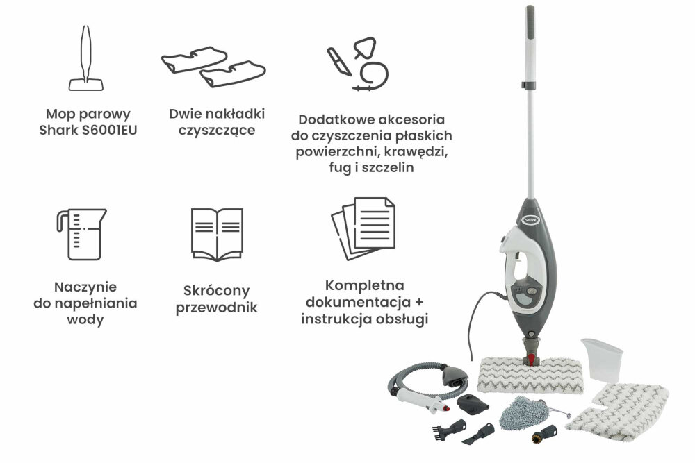 Obraz przedstawia mop parowy Shark S6001EU z akcesoriami, w tym dwie nakładki czyszczące, dodatkowe akcesoria do czyszczenia powierzchni, naczynie do napełniania wody, skrócony przewodnik oraz kompletną dokumentację z instrukcją obsługi.