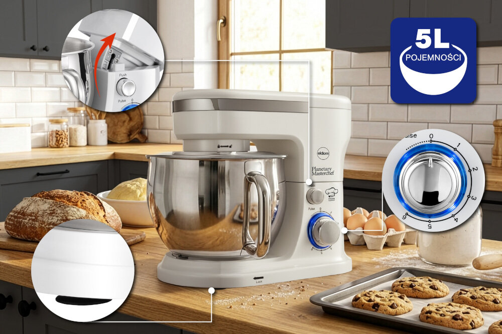 Robot kuchenny planetarny ELDOM WRK1300 1300W zdjęcie lifestyle Pojemna misa Metalowa misa o pojemności 5 l z wygodnym uchwytem Przezroczysta pokrywa