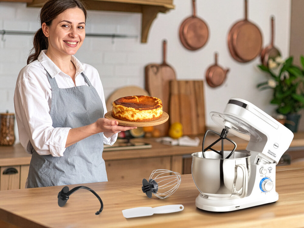Robot kuchenny planetarny ELDOM WRK1300 1300W zdjęcie lifestyle Wydajność na co dzień do 6 minut ciągłej prac około 15 minut przerwy od ciast po kremy i pieczywo