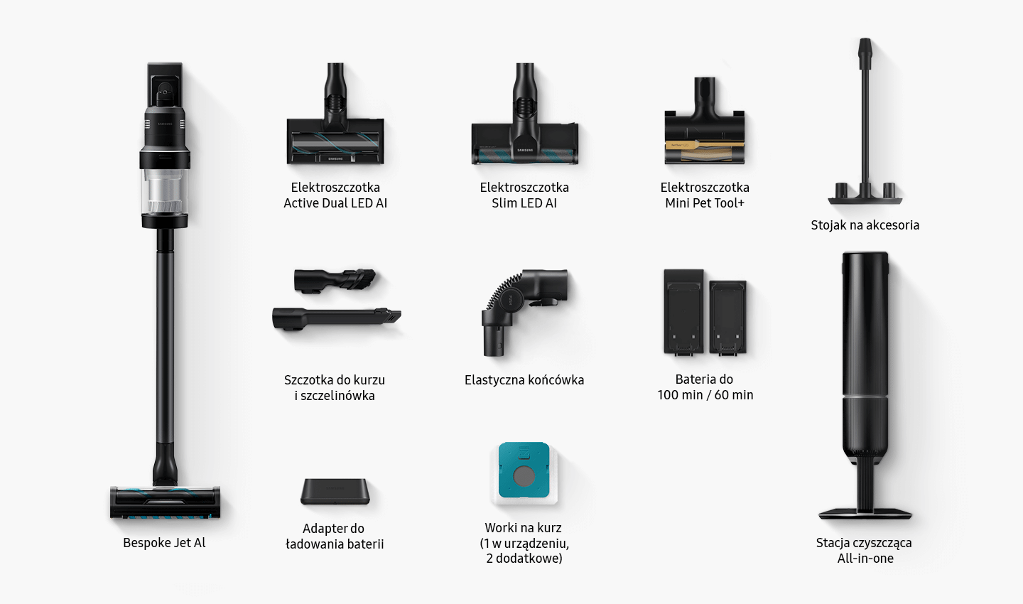 Galeria zdjęć prezentująca odkurzacz Samsung Bespoke Jet™ AI w różnych wnętrzach, z którymi idealnie się komponuje