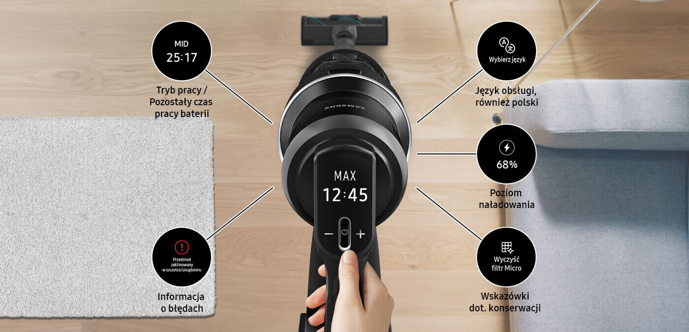 Wyświetlacz na rączce odkurzacza pionowego ułatwia jego obsługę