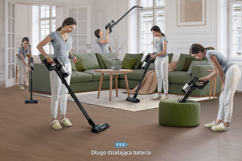 Mocna bateria pozwala na odkurzanie przez 100 minut po pełnym naładowaniu