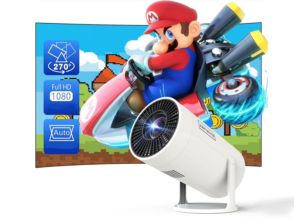 Projektor ZENWIRE R1 HD Autokeystone 4D regulacja ZOOM 270 stopni, projektor sotjący po skosie na białym tle, obraz z gry mario card