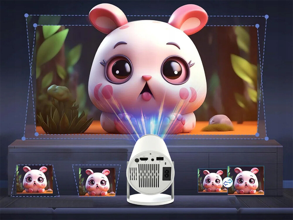 Projektor ZENWIRE R1 HD CE certyfikacja normy europejskie bezpieczeństwo, projektor stojący na postumencie wyświetlający obraz na ścianie