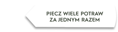 Grafika przedstawia biały prostokąt z czarnym obramowaniem, na którym widnieje tekst: \'PIECZ WIELE POTRAW ZA JEDNYM RAZEM\'.