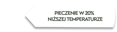 Obraz przedstawia biały prostokąt z czarnym obramowaniem, na którym znajduje się tekst: \'PIECZENIE W 20% NIŻSZEJ TEMPERATURZE\'.