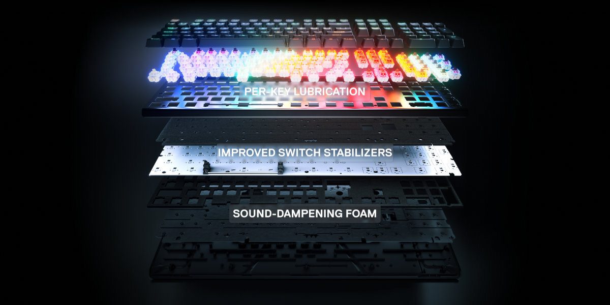 Klawiatura STEELSERIES Apex Pro TKL Gen 3 Stabilizatory redukujące drgania trójwarstwowa pianka wygłuszająca indywidualnym smarowaniem klawiszy