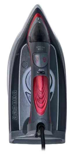 Żelazko z czerwonymi i czarnymi elementami, widoczne napisy: \'STEAM ECO\' oraz \'Pump\'. Na uchwycie znajdują się przyciski i symbole związane z funkcjami urządzenia.