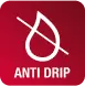 Czerwony kwadrat z białą ikoną kropli przekreślonej linią oraz napisem \'ANTI DRIP\'.