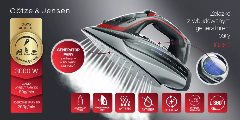 Obraz przedstawia żelazko Götze & Jensen z wbudowanym generatorem pary IG850, z widocznymi funkcjami takimi jak anodyzowana stopa, anti calc, anti drip, self clean, cyfrowy regulator i obrót 360°. Na obrazie znajdują się także informacje: \'3-WAY AUTO OFF\', \'3000 W\', \'ciągły wyrzut pary do 60g/min\', \'uderzenie pary do 200g/min\'.