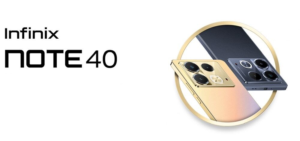 Obraz przedstawia dwa smartfony z dużymi aparatami w okręgu, jeden złoty, drugi ciemny. Po lewej stronie widoczny jest tekst: \'Infinix NOTE 40\'.